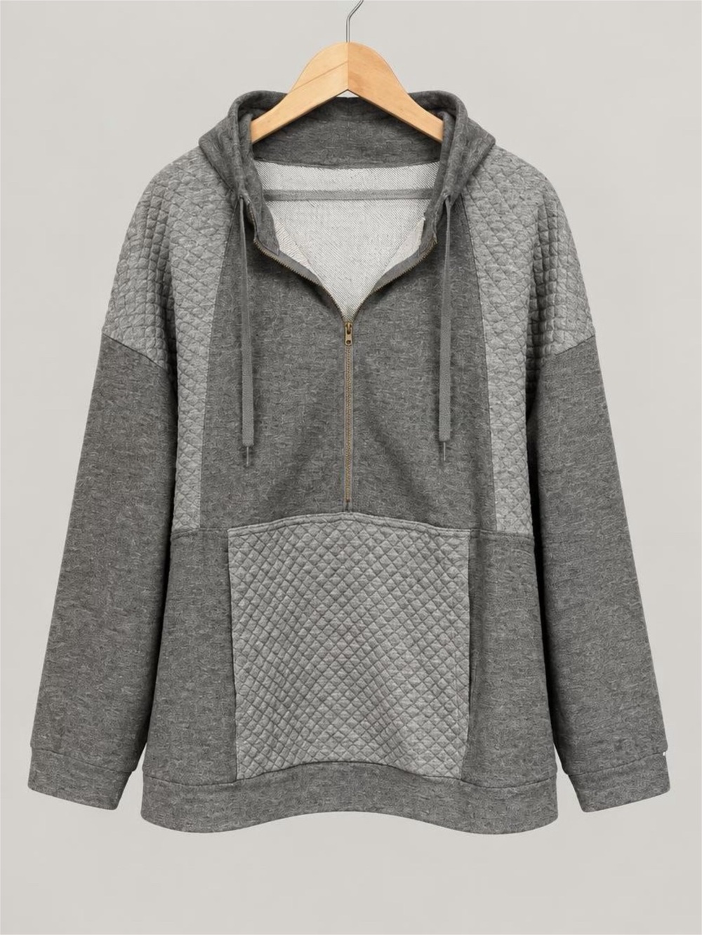 SHEIN Gray Quilted Half-Zip Hoodie Sweatshirt